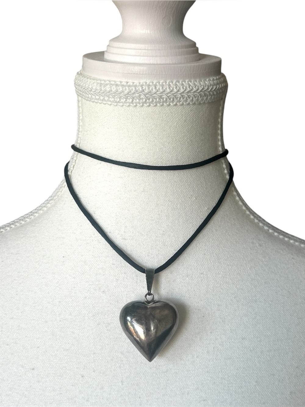 Y2K Coquette Black Cord Style Silver Chunky Heart Pendant Necklace